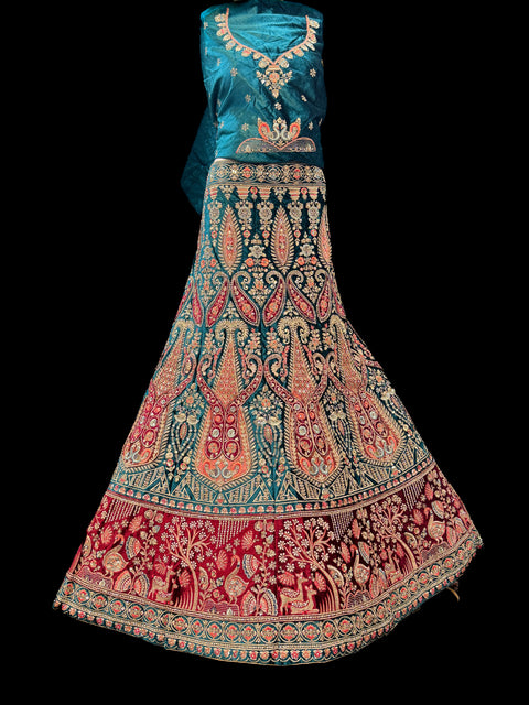 Peacock and Deer design Velvet based hand work with stones work embroidery work and original mirrors work design Heavy Ken ken Bridal designer lehnga with heavy handwork blouse and heavy work netting dupatta( video clip attached for reference )