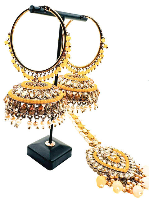Golden stone work with pearls work beautiful Jhumka Balian big size with Tikka