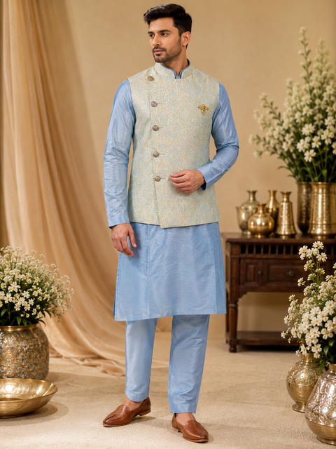 Brocade silk designer jacket with plain kurta and pants (slight variation in color & design is possible )
