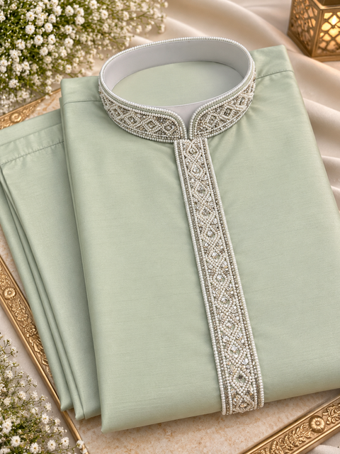 Soft Rayon Silk based handwork neck design kurta, Comes with matching pajama pants.Slight variation in colour and design is possible