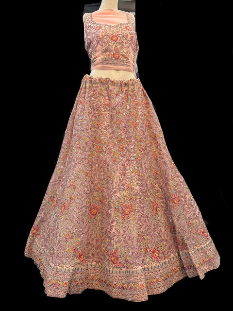 (video clip attached) Netting based embroidery work with heavy sequins and stone work Heavy Ken ken designer lehnga with heavy handwork blouse and netting dupatta