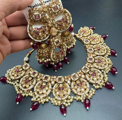 Original Polki stone with pearls beaded work beautiful necklace with jhumka and tikka set
