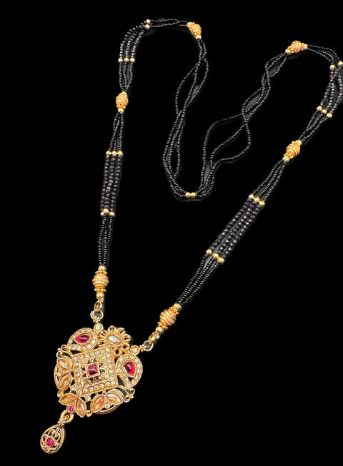 Polki Stone & Jerkan Gold Plated (Artificial) Mangalsutra With Artificial Black Beads Chain, Apx Size 15 inches length