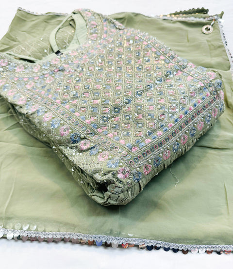 Georgette based embroidery with sequined work designer flared kameez /gown with tights and georgette  based embroidery work dupatta