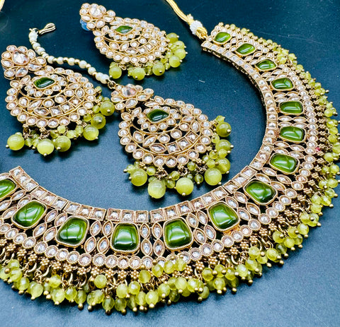 Original Polki stone with Kundan stone studded crystals and pearls Work Necklace Set With Earrings & Tikka