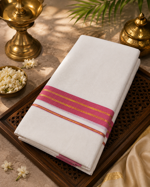 Woven Cotton Kerala Mundu / Dhoti in White ( 4 mtrs )Kurta not included,slight variation is possible