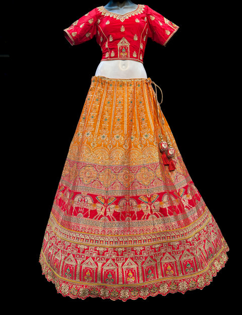 (Video clip attached)SIZE 42 (Upto 44))Mustard & Red Banarasi silk Based Beautiful hand Embroidery Work With Golden Fine Stones work heavy Ken Ken Designer semi/Bridal Lehnga With Heavy Tessels Attached To Blouse & Lehnga