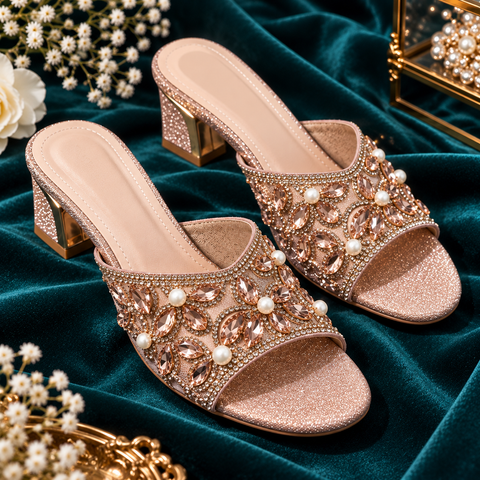 Rose Gold Embellished Block Heel Mules – elegant slip-on heels featuring sparkling stonework, pearl detailing and a comfortable block heel. Perfect for weddings, parties and festive wear.