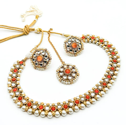 Kundan and Pearls work beautiful necklace set with Jhumka & Tikka