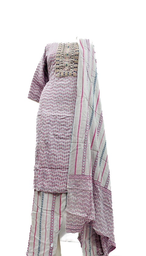 PURE & SOFT COTTON BASED DESIGNER EMBROIDERED & PRINTED WORK KURTI WITH PLAZO PANTS & DUPATTA