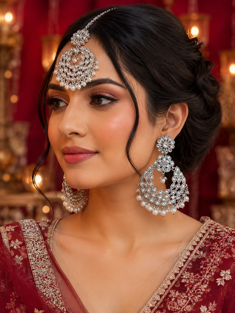 Elegant Silver-Tone Kundan Earrings with Matching Maang Tikka, Adorned with Delicate Pearl Drops