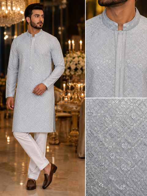 Pure Rayon based beautiful embroidery work at front and back with sequins work designer Kurta & white Pants (slight variation in color and design is possible)