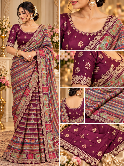 Soft chiffon Saree with a rich multicolour printed design, elegant border detailing & subtle zari-style motifs for a graceful festive look. Attached blouse piece included.model blouse is for reference only. Slight variation in colour and design may occur