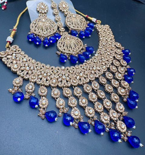 Original Polki stone with pearls beaded work beautiful necklace with jhumka and tikka set