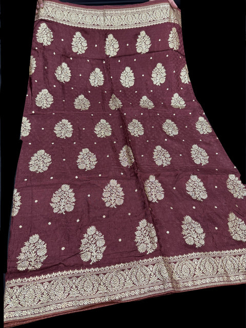 Cocoa Brown color crepe Silk Saree With stone work very beautiful design (very soft to set the pleates)