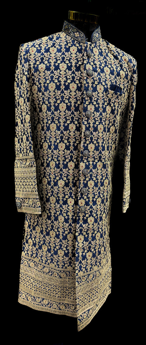 (Video clip attached )Navy Blue color heavy embroidery work all over with hand work pearl beaded neck, buttons and sleeves design Sherwani and Pants