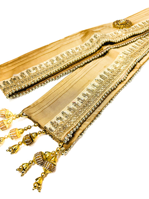 Golden colour silk based golden printed Dulha Sherwani dupatta with latkan