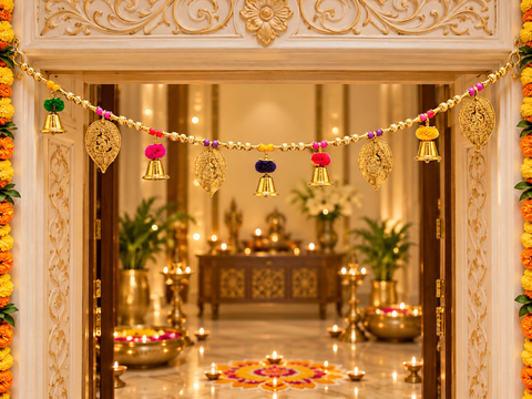 Festive Diwali Door Toran – Beautifully designed with colourful pom-poms, pearl detailing and elegant golden hanging accents. Slight variation in colour and design may occur