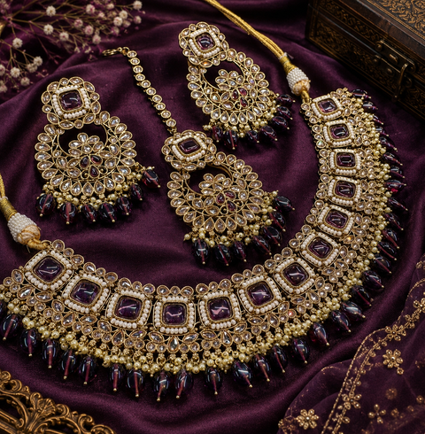 Original polki stone with pearls beaded necklace set with beautiful earrings & tikka