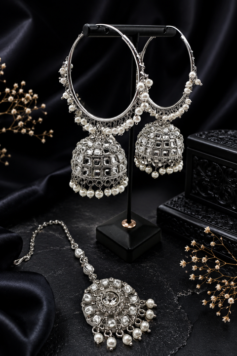 Kundan with pearl work beautiful jhumka balian with Tikka set