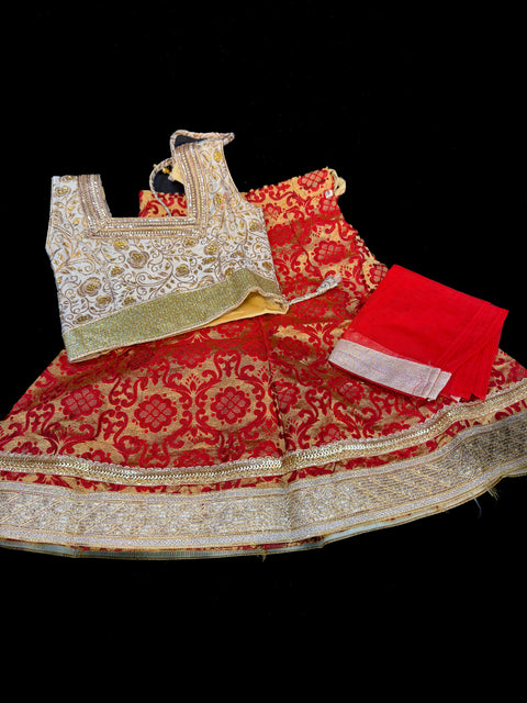 Brocade silk blouse with printed brocade silk lehnga & netting dupatta