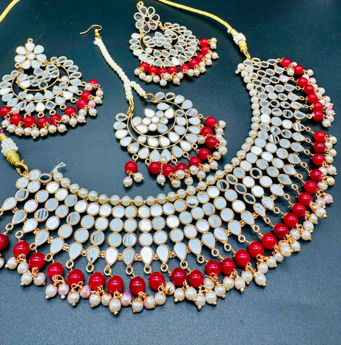 Pearls With Original Mirror Work Necklace Set With Earrings & Tikka