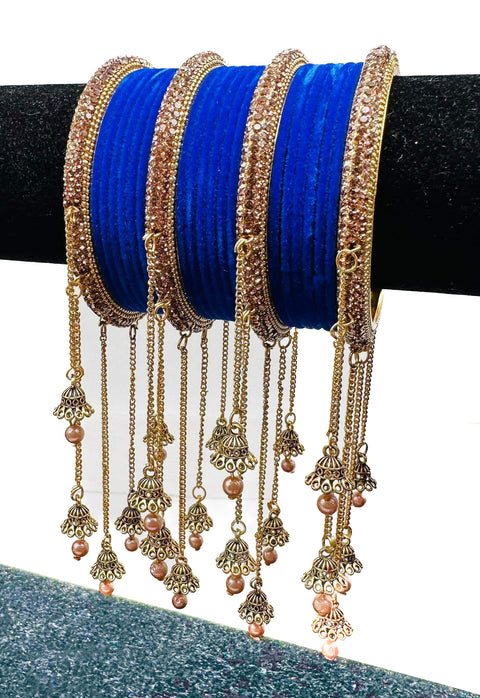 Beautiful Golden fine stone shiny Brass Bangles with Beautiful Latkan set (Sample picture attached at end to show it can be customised with plain Velvet or Metal Bangles)set of 4 Bangles
