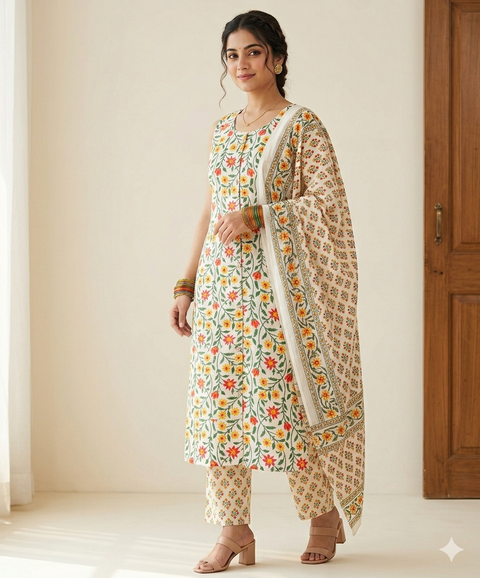 Cotton Based  Embroidery Printed Kurti With Plazo pants & Dupatta (slight variance in color and design is possible)
