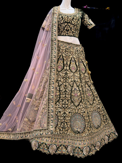 (Clip attached S-40(44))Green colour velvet based beautiful embroidery work with heavy squined & stones work very heavy 3 layered ken ken super heavy Designer Bridal Lehnga with heavy tessels attached to blouse & Lehnga & heavy work lace beaded dupatta