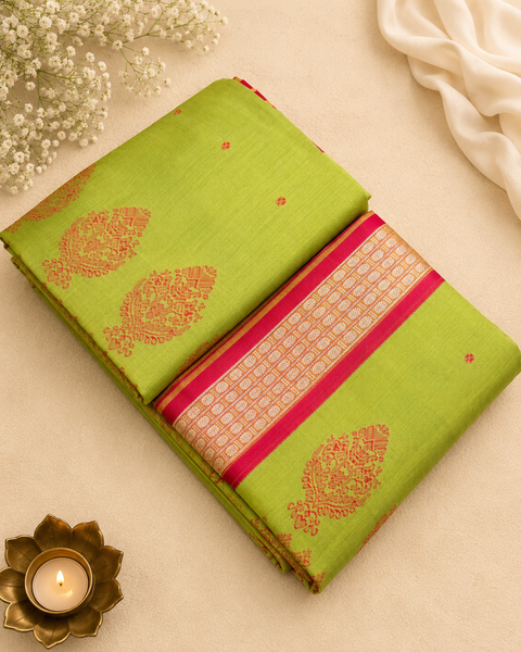 Premium Art Silk Saree Featuring Elegant Zari Weaving, Saree Comes With An Attached Blouse Piece. Model Blouse Is For Reference Only. Slight Variation In Colour And Design May Occur