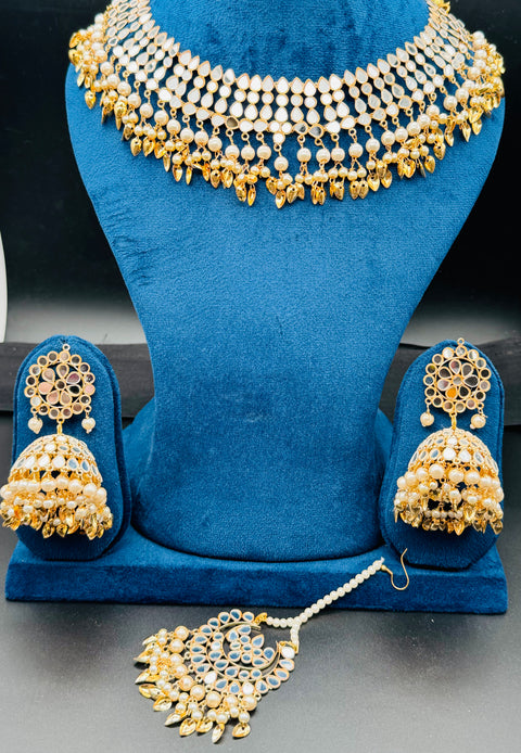 Pearls with original mirror work necklace set with Jhumka & tikka