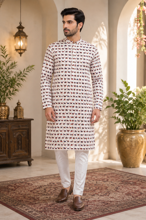 Pure cotton based Men’s Printed kurti (sizes mentioned in inches ,not according to the label on Kurti)size 44kurti- Length 40 inches and size 46-length 42 inches ) Kurti only. Pants not included.