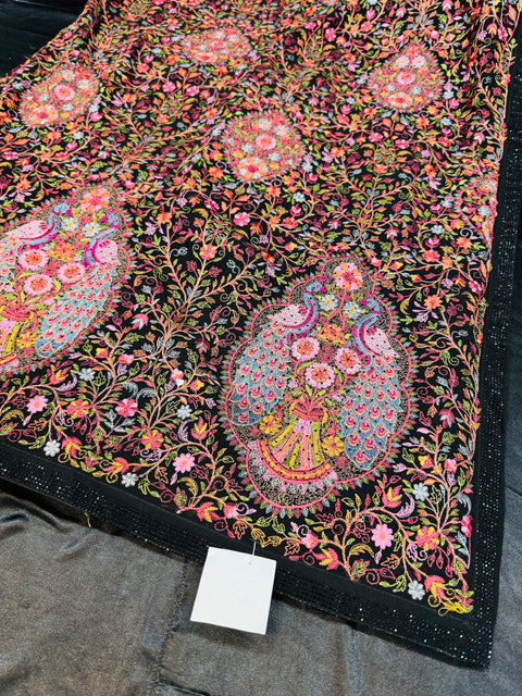 (Video Clip Attached )Black color Pure Georgette Chiffon Based Multicoloured Embroidery Work Jaal All Over With Stone Work Beautiful Saree