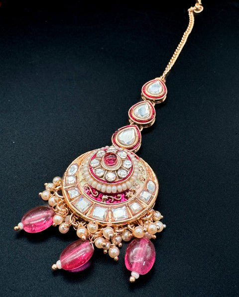 (video clip attached)Pastel Pink on Rosegold shade base Original Kundan Polki stones with Meenkari & Pearls work Bridal necklace with beautiful Jhumka, tikka , 2 Rings NOTE:- original Kundan Polki stones not fake plastic stones)
