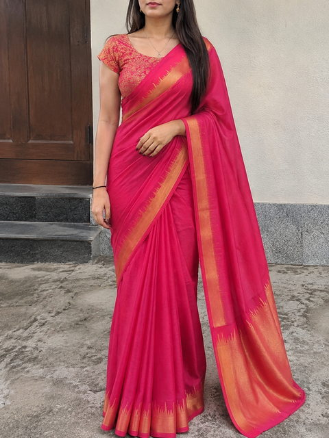 Plain Saree with Rich Zari Border and Contrast Blouse Piece (Separate). Model image is for reference only. Slight variation in color and design may occur.