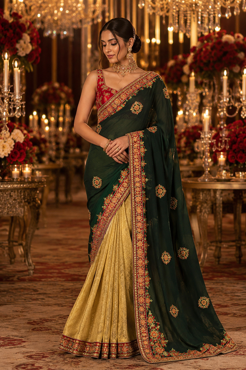 Elegant dual-tone saree featuring a rich embroidered border and intricate floral motifs.The blouse worn by the model is for reference purposes only. The blouse piece is attached separately with the saree. Slight variation in color and design may occur.