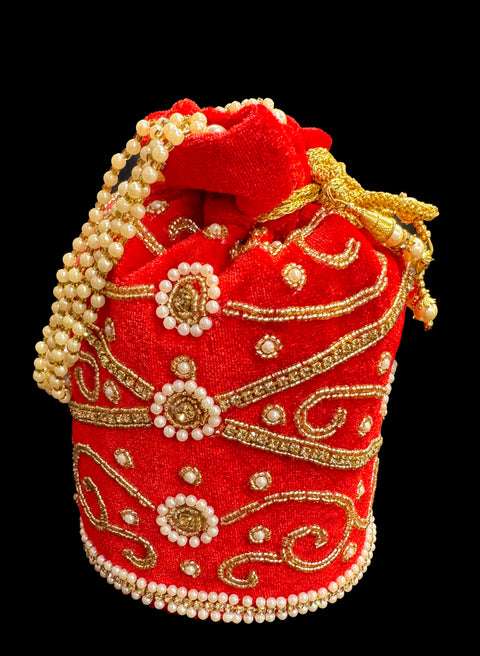 Velvet based Embroidery with stones & pearl work hand bag /potli bag