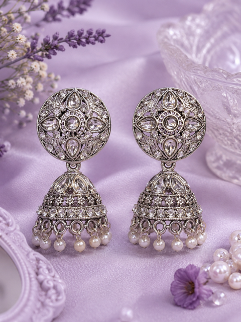 Silver stone with pearls oxidised Jhumka