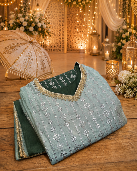 Ombré shades Georgette based sequined and embroidery work kameez with sharara pants and Georgette dupattal(slight variation in color and design is possible)