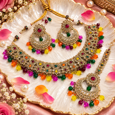 Beautiful polki stones with pearls and colorful stones necklace & earrings with Tikka. Slight variations in colour and design are possible