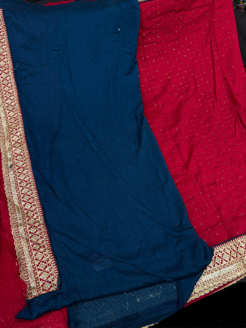 Deep Ruby Beautiful stonework and embroidery work border design beautiful very soft Georgette Saree with stones work all over and contrast blouse peacock Blue color (slight variation in color is possible)