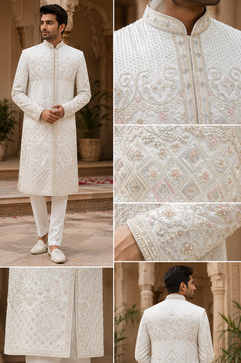 (Video clip attached )Cream color heavy embroidery & pearl sequined work all over with hand work pearl beaded neck, buttons and sleeves design Sherwani and Pants(waist belt for dupatta)