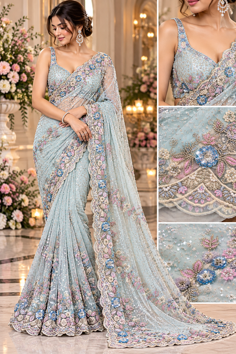 Elegant net saree intricate floral embroidery, shimmering sequins, beads and a beautifully detailed border.Comes with an attached embroidered blouse piece.Blouse worn by the model is for reference only. Slight variation in colour & design may occur