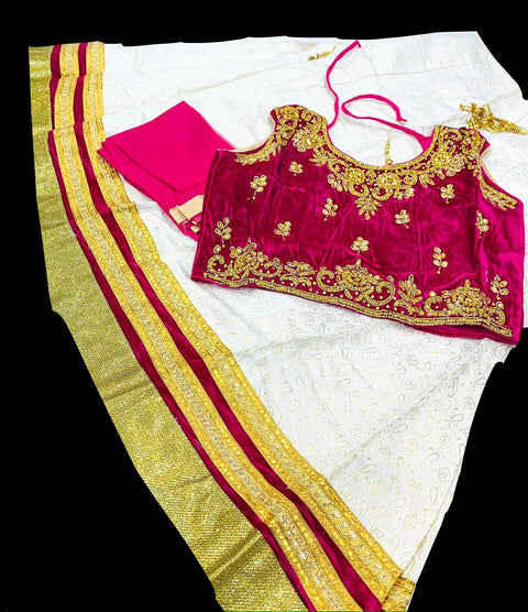 Purple Pink Colour Velvet Based Stone Work Blouse With Cream Colour Brocade Silk Based Lehnga
