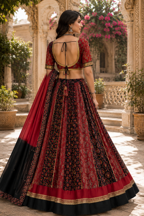 Elegant cotton based Printed Chaniya Choli Set featuring a beautifully flared skirt, stylish printed blouse with designer back, and matching dual-tone dupatta .(slight variation in color and design is possible)