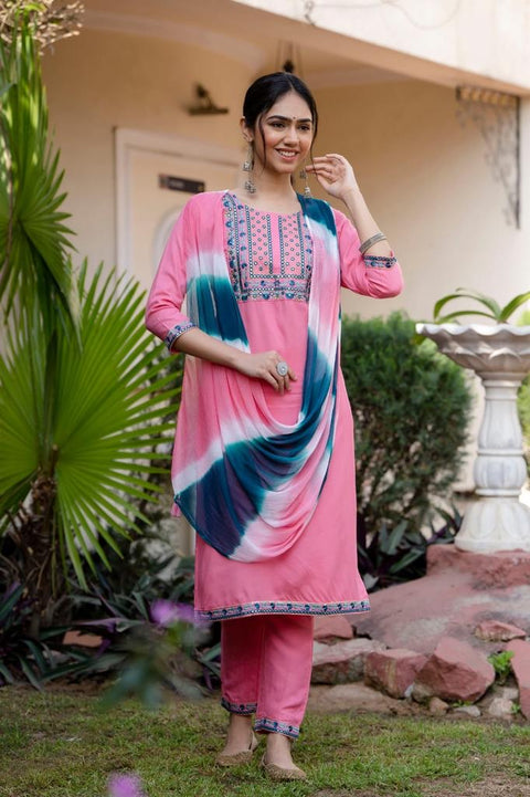 Pure & Soft Rayon Based Designer Embroidered & Mirror work Kurti With Plazo Pants & Dupatta