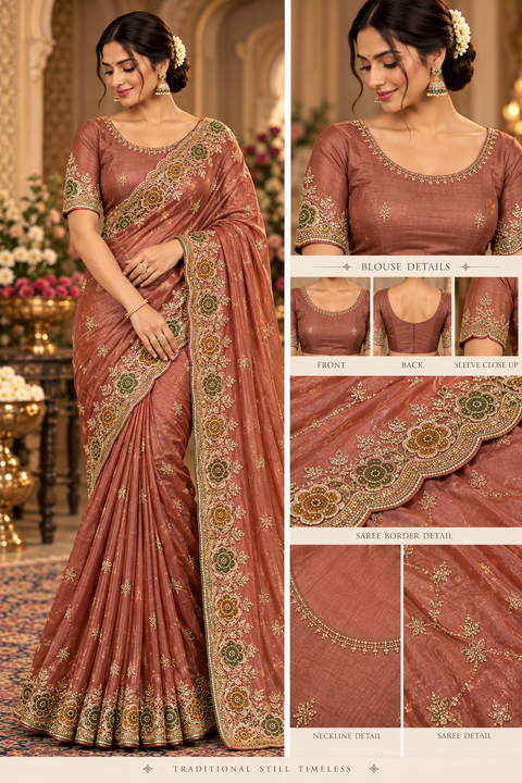 Dusty Rose Peach Soft Silk Saree with a subtle shimmer, all-over delicate motifs and rich floral handwork on a scalloped border. Attached blouse piece included; model blouse is for reference only. Slight variation in colour and design is possible.