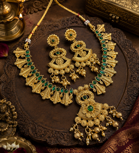 Mat look antique gold traditional necklace set with pearls and kundan work