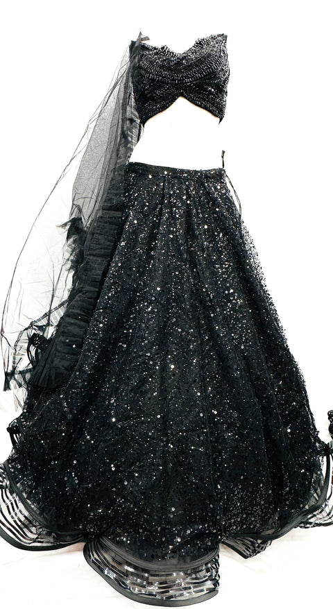 Designer cocktail crop top with handwork in black sequinned princess blouse and heavy ken ken with ring inside fully fluff design Lehnga