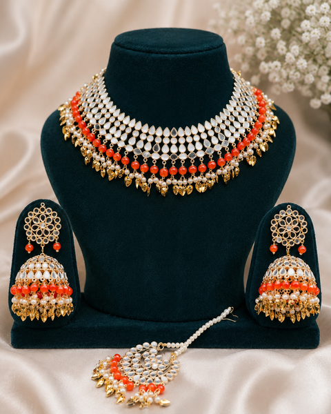 Pearls with original mirror work necklace set with Jhumka & tikka